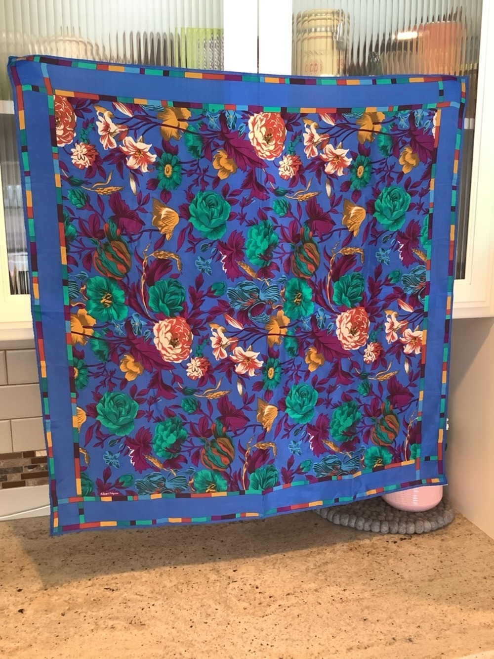 Albert Nipon Made in Japan Floral Blue Silk Scarf - Vintage